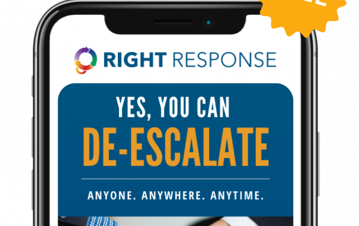 Image of a smartphone displaying cover image for De-escalate Anyone, Anywhere, Anytime, with two people shaking hands.