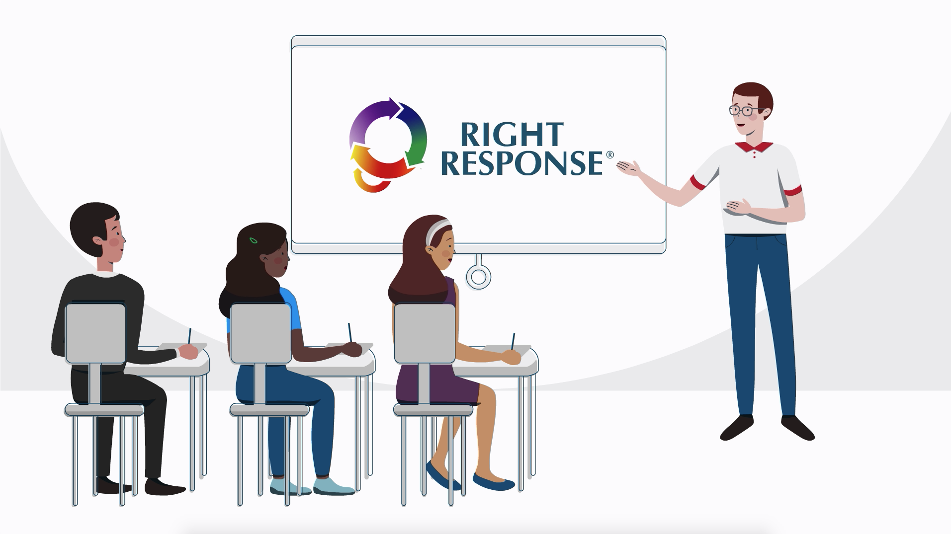 A group of students in a classroom setting, being taught by a RIGHT RESPONSE instructor.